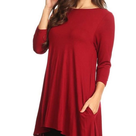 NWT BOUTIQUE Burgundy Maroon Tunic Top A-Line Layering Piece 3/4 Sleeve Shirt - Picture 2 of 6